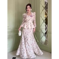 Eid Women Floral Shirt Skirt Muslim Set Sweet Musulman Ensembles 2 Piece Set Shirt Jalabiya Ramadan Dubai Kaftan Arab Long Robe