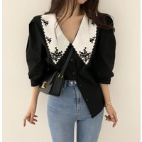 Spring and Summer Retro Design Embroidered Large Collar Black and White Contrast Women's Plus Size Loose Short Sleeve Shirt