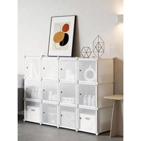 12-Cube Storage Cabinet with Doors, DIY Plastic & Metal Organizer Shelf, Modular Cube Storage Organizer for Bedroom, Living Room, Each Cube 30x30x30 cm, White