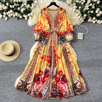 Bohemian Floral Chiffon Summer Dresses for Women 2025 Runway V-Neck Long Lantern Sleeve Sashes Beach Holiday Vestidos Boho Robe