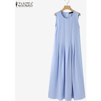 ZANZEA Womens Casual Daily Pleated Maxi Dresses O-Neck Sleeveless Sundress Solid Color Long Dress Summer Fashion Robes Femme
