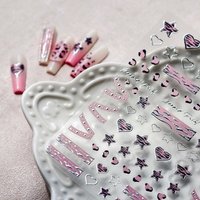 5D Pink Leopard Print Nail Decals Hot Stamping Sliver Love Heart Stars Lace Bowknot Nail Art Sticker Ribbon Bow Manicure Sliders