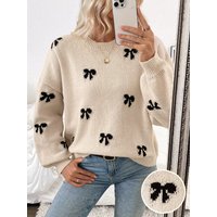 Women's Bow Embroidered Knit Jumper Crew Neck Balloon Sleeve Oversized Pullover Loose Fit for Fall Daily Wear