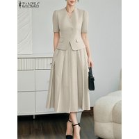 ZANZEA Vintage Sets Women Casual Outfits Dress Solid Shirts A-Line Pleated Maxi Skirts Fashion Office Suits 2025 Matching Sets