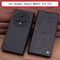 Original Genuine Cowhide Leather Flip Case for Honor Magic 5 Pro Business Crocodile Grids Pattern Phone Cover Full Coverage Book