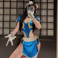 ♥ New 2025 Games Chun Li Cosplay Costumes Blue Split Cheongsam Dresses Women Sexy Bodysuit Headwear Suit Halloween ★ Bear House