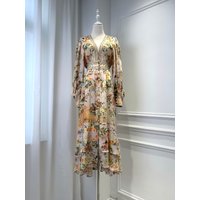Ruffled Layered Women 100% Silk Maxi Dress Crystal Beaded Floral Print V-Neck Long Sleeve Elastic Waist Fashion Ladies Robe