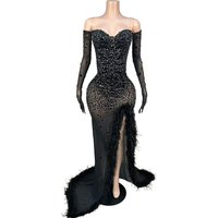 Luxury Nightclub Sparkly Rhinestone Homecoming Sexy Evening Gown Birthday Party Club Photo Shoot Wear Black Feathers Long Dress