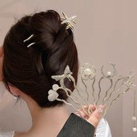 Pearl Flower U-Shaped Hair Fork Heart Moon Hairpin for Women Bow Cross Star Hair Sticks Metal Versatile Girls Hair Accessories