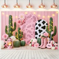 Cowgirl Theme Girls Party Backdrop Pink Cactus Floral Cow Print Western Cowboy Boots Baby Shower Birthday Photo Booth Background