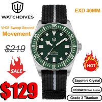 Watchdives EXD V2 40mm Vintag Watch VH31 Sweep Second Movement Sapphire Crystal BGW9 Luminous 20Bar Waterproof Titanium Watches