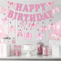 Bow Party Flag Decoration Set Pink/Blue/Black Bow Happy Birthday Banner Party Decor Bow Spiral Hanging Decor Scene Decor Props