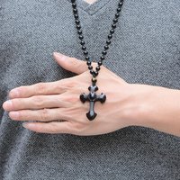 Vintage Christian Cross Necklace Obsidian Pendant Beaded Necklace Good Luck Amulet Jewelry Gift Men Women