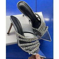New Summer Women's High Heel Sandals Open Toe Pointed Rhinestone High Heel Slippers One-strap Sandals