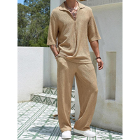 2026 New Summer Men's Two Piece Set Casual Short Sleeve Shirt Pants Textured Linen Look Loose Fit Holiday Beach Outfit Male