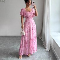 Elegant Floral Print Summer Dress Linj Slim Fit High Waist Short Sleeve European Style Casual High Quality Women's Dress