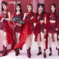 Female Sexy Jazz Dancer Costumes Red Lace-up Tops Irregular Skirt Women Group Kpop Outfits Jazz Clothing Stage Performance Wear