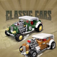 Retro vintage car building block set, vehicle building block model ornament, suitable for gifting and collecting.
