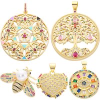 Juya 18K Real Gold Plated Luxury Rainbow Zirconia Star Dragonfly Tree Of Life Bee Love Heart Round Greek Evil Eye Charm Pendants
