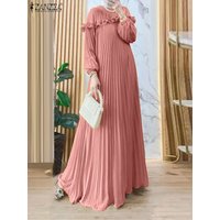 ZANZEA Elegant Hijab O Neck Maxi Dress Pleated Women Solid Muslim Islamic Abaya Robe Lantern Sleeve Casual Ruffles Vestidos