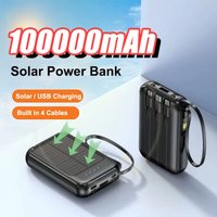 100000mAh Solar Power Bank Built in 4 Cable Portable Solar Charging Powerbank for iPhone 16 Samsung Huawei Xiaomi Mini Poverbank