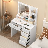 White Modern Wood Vanity Set with LED Bulbs Mirror 7 Drawers 3 Color Dimmable Easy Assembly Sturdy Frame Bedroom Makeup Desk