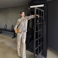 Two Piece Sets Womens Outifits Baroque French Designer Print Holiday Style Silk Satin Simulation Long Sleeve Shirt Casual Suit