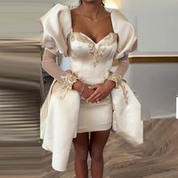Mini Short Satin Cocktail Dress For Women Sheath Cocktail Gown Appliques Long Sleeves Wedding Party Gown With Train