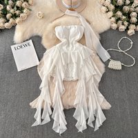 Foamlina French Style White Strapless Dress Women Summer Lace Irregular Flanged Ribbon Design Girl's Holiday Shopping Dresses