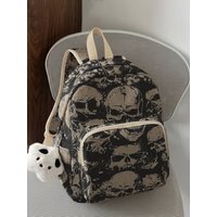 Gothic Skull Allover Print Women Fashion Backpack Corduroy Multi-pocket Large Capacity Commuter Bag