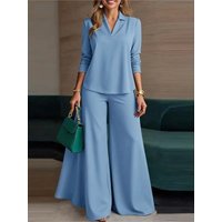 Women Fashion Solid Two-Piece Sets Spring V-neck Long Sleeve Shirt Top & Wide-Leg Pants Set Elegant Office Lady Casual Loose Set
