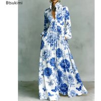 Spring Autumn Fashion Waist Slimming Long Sleeve Women's Dress Elegant Retro Stand-up Collar Vacation Female Printed Long Dress
