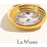 La. Muses Sparkling Zircon Oval Stainless Steel Women's Ring PVD Gold Plated Luxury Fashion Jewelry Accessories
