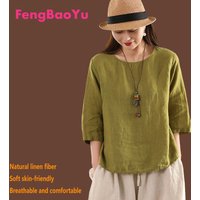 Fengbaoyu Natural Linen Lady's T-shirt - Five-Sleeve Round Neck Pullover - Simple and Loose Top - Summer Cool and Casual Shirt