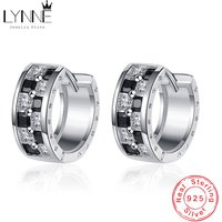 New Punk Rock Girl&Men Black Crystal Rhinestone Lattice Design Widen Hoop Earrings Women Jewelry 925 Sterling Silver Ear Circle