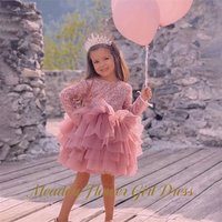 Meadow Dusty Rose Princess Girls Dress Round Neck Glitter Sequin Ball Gown Party Tutu Dresses Long Sleeve Tutu Fluffy Prom Gown