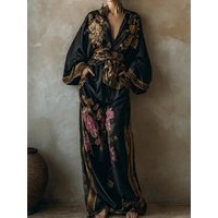 Women's Spring Summer Fashion Printed Loose V-Neck Long Sleeve Top with Wide Leg Pants Two-Piece Set for Holiday Streetwear 2026