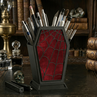 Burgundy Velvet Spider Web Coffin Pen Holder Gothic Dark Style Desktop Pencil Organizer Witchy Storage Halloween Decor Gift