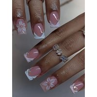 24-Piece Set of Short Rectangular Nail Stickers, Simple White French Style with 3D Sweet Flowers, Shells, Starfish, and White Pearls, Cute and Stylish Nail Set, Suitable for Women's Daily Wear and