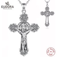 Eudora 925 Sterling Silver Saint Benedict Medal Necklace for Men Women san benedict Cross Amulet Pendant Religious Jewelry Gift