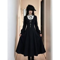 Vintage Gothic Lolita Langarmkleid Damen Y2K Spitze Slim Fit Schwarzes Midi-Kleid Elegantes Streetwear-Outfit für Alltag und Party