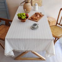 Vintage Farmhouse White Striped Tablecloth, Soft Cotton Linen Tassel Table Cover for Rustic Dining Room Decor