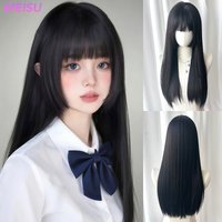 MEISU 26 Inch Long Straight Synthetic Wig Princess Cuts Bangs Layered Black Heat-Resistant Natural Smooth Hair Stylish Party