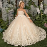 Elegant Customized Flower Girl Dress For Wedding Pearls Floral Appliques Full Sleeve Kids Birthday Prom Holy Communion Gown