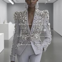 Exquisite Beads Stones Mother Of The Bride Dresses Customized 2 Pieces Sets Single Breasted Jacket Pants Women Suits For Wedding