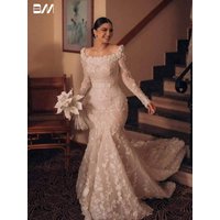 Dreamy Beaded Embroidery Mermaid Wedding Dress Elegant Long Sleeves Romantic Customized Appliques Shiny Stylish Bridal Gown