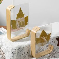 L-Shaped Leaf Carving Double-Sided Acrylic Photo Frame Creative Display Stand Solid Wood Tabletop Ornament Plant Specimen