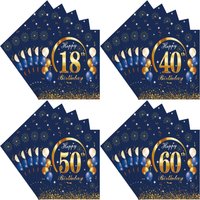 Happy Birthday Paper Napkins for Men and Women, Navy Blue, Gold, 18th, 30th, 40th, 50th, 60th, 70th Birthday, 20Pcs