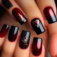Short Medium fake nails gradient black red brown yellow heart leaf flowers design Square french tips press on false nail