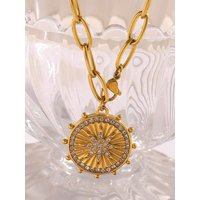 E.B,belle New Coin Size Round Eight Pointed Star Pendant Necklace PVD Plated Stainless Steel Women Party Chic Jewelry